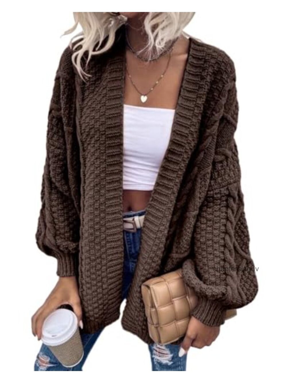 Oversized Chunky Cable Knit Open Front Cardigan Lantern Sleeve Fall Coat